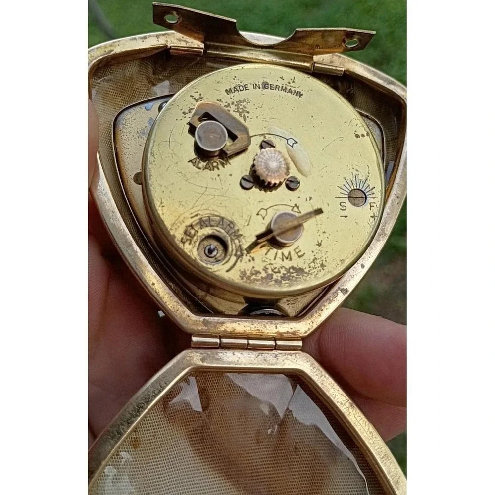 Vintage Westclox 7 Jewels Travel Alarm Clock Germany Gold Case Shield Working